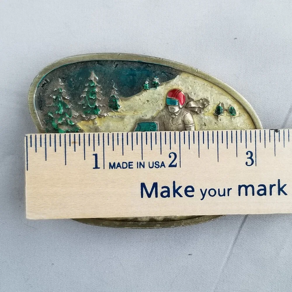 Vintage Belt Buckle 1977 Snowmobile Riding On Snow‎ Colorized USA By Bergamot